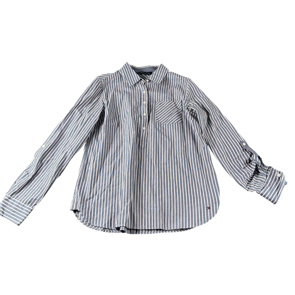 Tommy Hilfiger Womens Blue White Striped Roll Tab Long Sleeve Popover Blouse M‎
